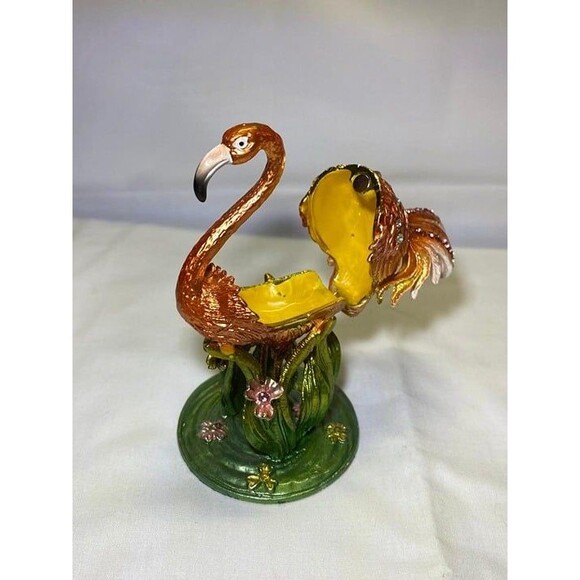 Trinket Box Flamingo Solid Metal Enameled Sparkling Crystals Treasure Box Gift - Picture 6 of 7